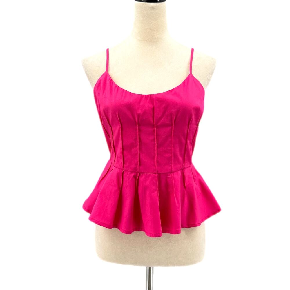 Sugarlips NEW Fuchsia Hot Pink Spaghetti Strap Pleated Cotton Blend Peplum Top